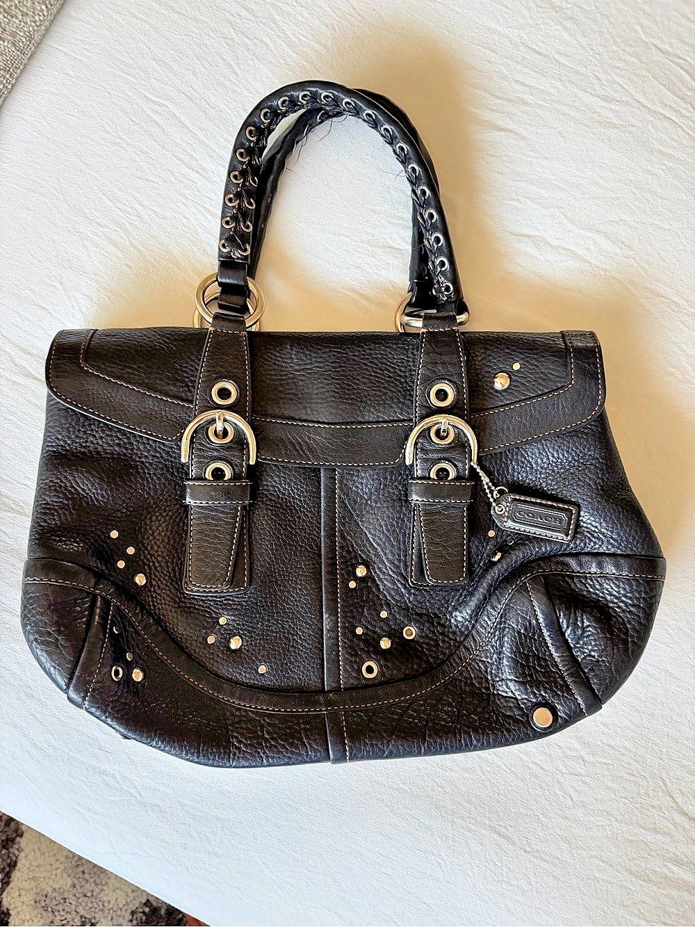 Coach Soho Buckle Flap Shoulder Bag Black Leather with silver accents